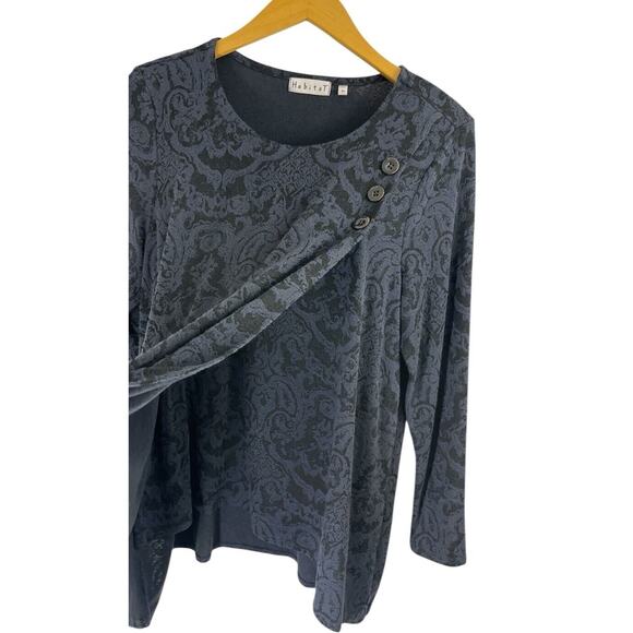 HABITAT Top Womens Blue Jacquard Medium Black Print Long Sleeve Asymmetric - Picture 10 of 12